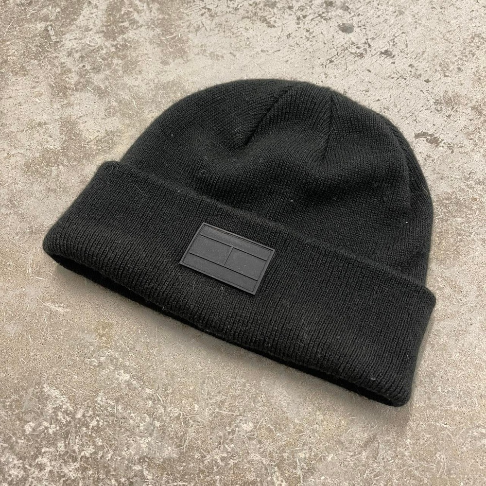 Vintage Tommy Hilfiger Monochrome Black Knit Beanie Y2K Grunge Cyber Hat